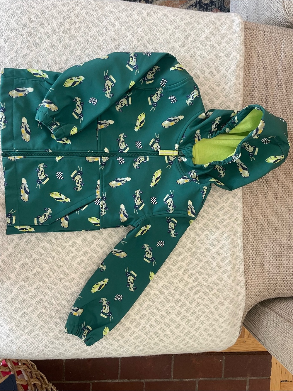 Green Kids' Hooded Rain Jacket with Car Print